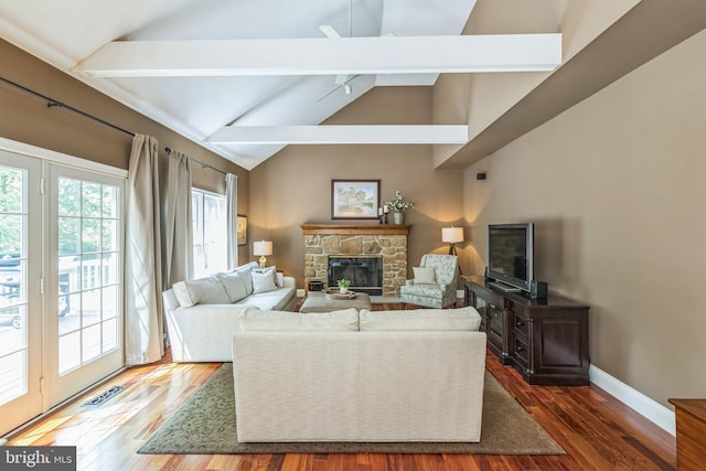 1337 Pennsridge Pl, Downingtown, PA 19335 - living area with dark wood-style floors, a fireplace, ceiling fan, baseboards, and high vaulted ceiling