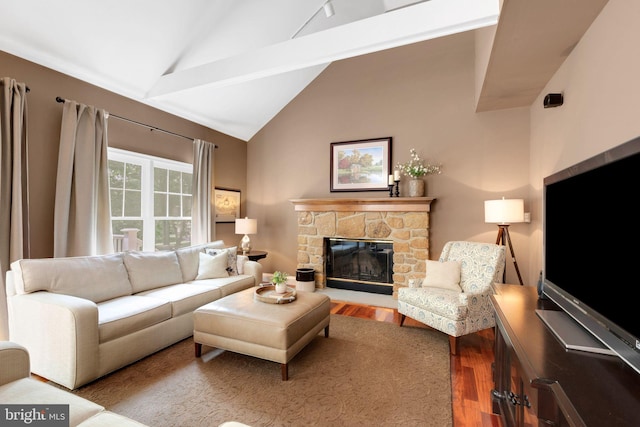 1337 Pennsridge Pl, Downingtown, PA 19335 - living area with lofted ceiling, wood finished floors, and a stone fireplace