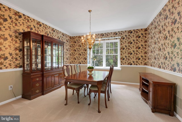 1337 Pennsridge Pl, Downingtown, PA 19335 - dining area with a chandelier, wallpapered walls, crown molding, light colored carpet, and wainscoting