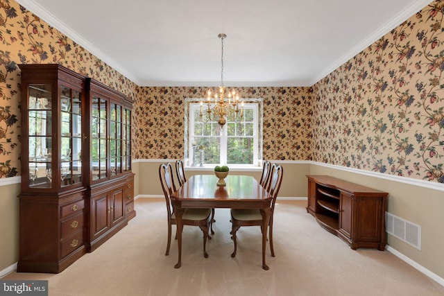 1337 Pennsridge Pl, Downingtown, PA 19335 - dining area featuring wallpapered walls, a chandelier, wainscoting, ornamental molding, and light carpet