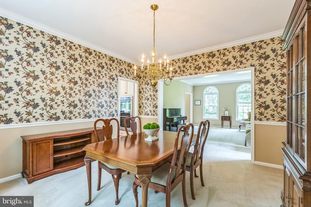 1337 Pennsridge Pl, Downingtown, PA 19335 - dining room featuring wallpapered walls, a chandelier, light carpet, crown molding, and wainscoting