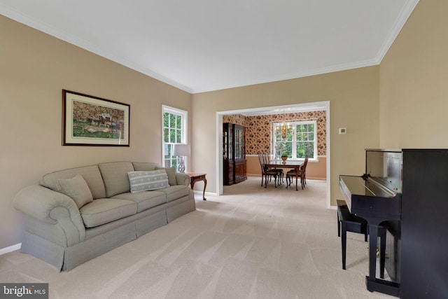1337 Pennsridge Pl, Downingtown, PA 19335 - living area with crown molding, baseboards, light carpet, and a chandelier
