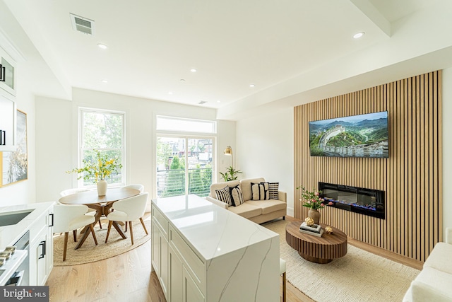 2517 Ontario Rd NW Unit Ph8, Washington, DC 20009 - kitchen featuring light wood-style flooring, white cabinetry, a glass covered fireplace, light stone counters, and recessed lighting