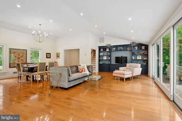 32 Gallup Rd, Princeton, NJ 08540 - living room with recessed lighting, light wood-style floors, a chandelier, and high vaulted ceiling