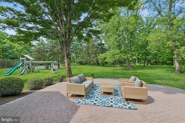 32 Gallup Rd, Princeton, NJ 08540 - view of patio with a playground, outdoor lounge area, and view of scattered trees
