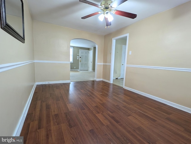 3407 Verner St, Drexel Hill, PA 19026 - spare room with arched walkways, ceiling fan, and wood finished floors