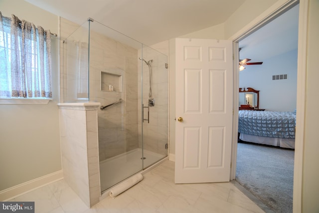 854 Hinchley Run, West Chester, PA 19382 - full bathroom with a stall shower, ensuite bathroom, a ceiling fan, and marble look tiles