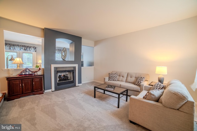 854 Hinchley Run, West Chester, PA 19382 - living room featuring a fireplace with flush hearth and light colored carpet