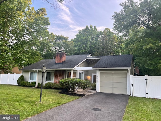 2412 Panther Ln, Bowie, MD 20716 - single story home with a garage, a gate, a chimney, driveway, and roof with shingles