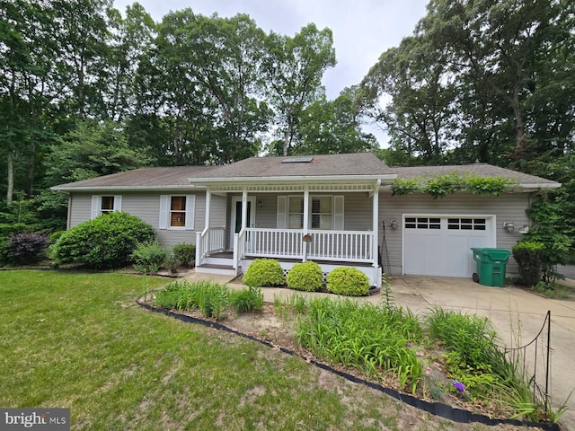 7 Roberts Rd, Lewes, DE 19958 - ranch-style house with covered porch, an attached garage, driveway, a front lawn, and roof with shingles