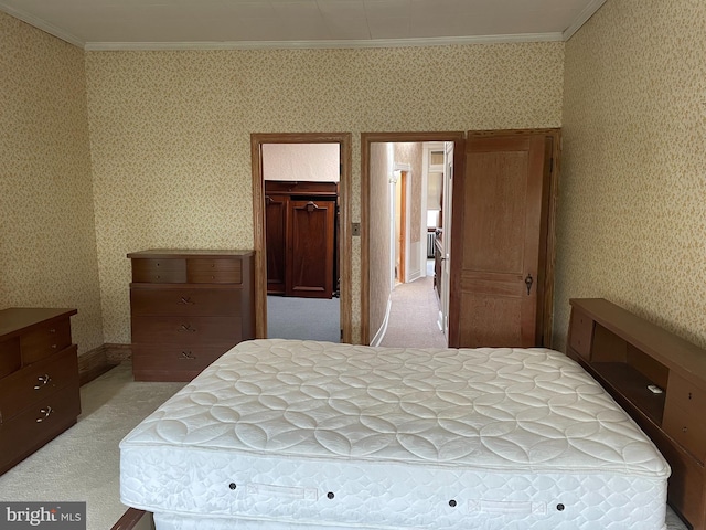 1215 Cleveland St, Baltimore, MD 21230 - bedroom with ornamental molding, wallpapered walls, light carpet, and a closet
