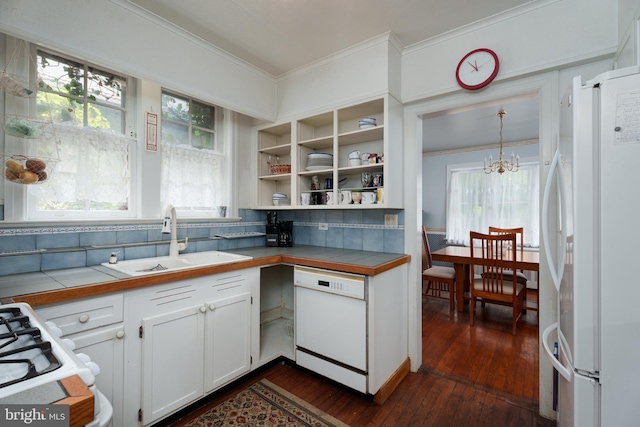 1 Kensington Ave, Trenton, NJ 08618 - kitchen with white appliances, a sink, ornamental molding, tile countertops, and white cabinetry