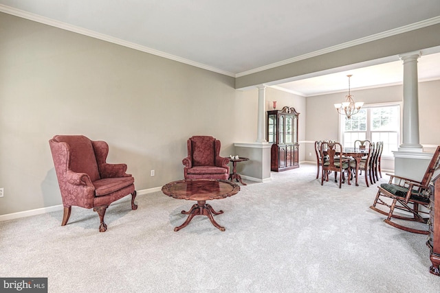 66 Light Farm Dr, Cochranville, PA 19330 - sitting room featuring decorative columns, carpet flooring, ornamental molding, and a chandelier