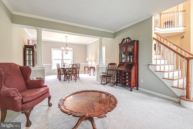 66 Light Farm Dr, Cochranville, PA 19330 - living area with decorative columns, carpet floors, crown molding, stairs, and a chandelier