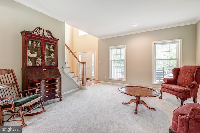 66 Light Farm Dr, Cochranville, PA 19330 - living area featuring crown molding, carpet, and stairs