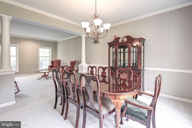 66 Light Farm Dr, Cochranville, PA 19330 - dining area with decorative columns, light carpet, a chandelier, and ornamental molding