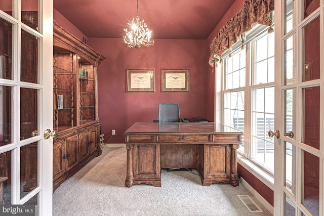 66 Light Farm Dr, Cochranville, PA 19330 - home office featuring french doors, a chandelier, light colored carpet, and plenty of natural light
