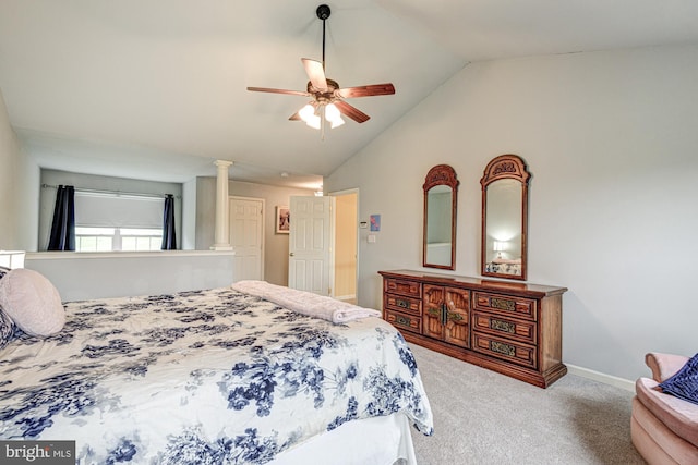 66 Light Farm Dr, Cochranville, PA 19330 - bedroom with carpet floors, lofted ceiling, decorative columns, and ceiling fan