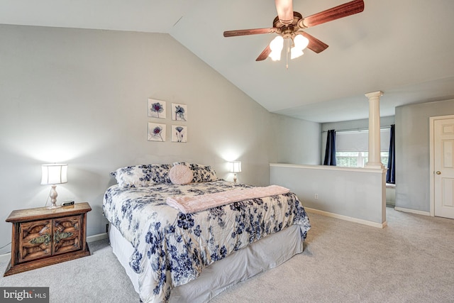 66 Light Farm Dr, Cochranville, PA 19330 - carpeted bedroom featuring ornate columns, vaulted ceiling, and a ceiling fan