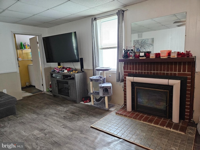 116 Maple Ave, Preston, MD 21655 - living room with wood finished floors, a fireplace, and a drop ceiling
