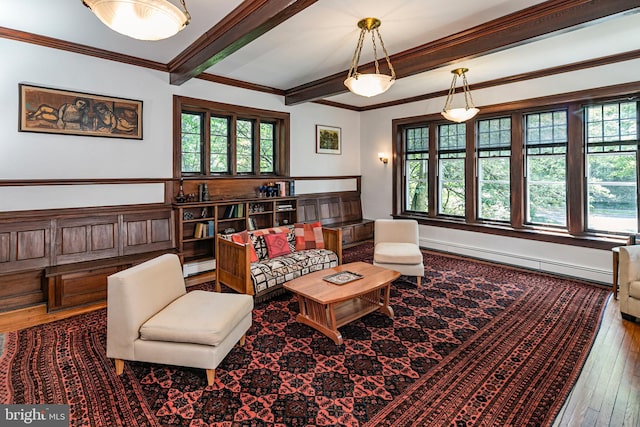 3 Evelyn Pl, Princeton, NJ 08540 - sitting room featuring baseboard heating, hardwood / wood-style floors, healthy amount of natural light, beamed ceiling, and ornamental molding