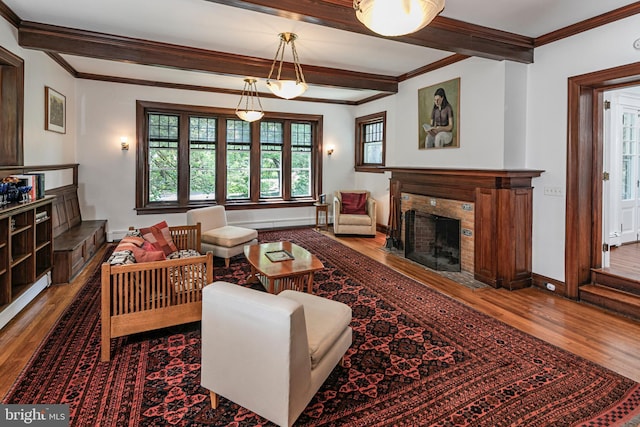 3 Evelyn Pl, Princeton, NJ 08540 - living room with wood finished floors, a fireplace with flush hearth, crown molding, and beamed ceiling