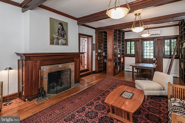 3 Evelyn Pl, Princeton, NJ 08540 - living area with wood-type flooring, beam ceiling, a baseboard radiator, ornamental molding, and a fireplace