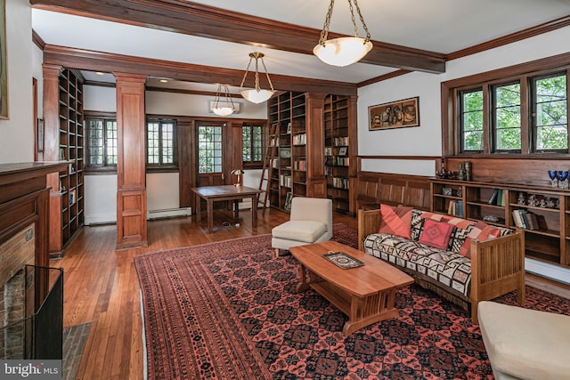 3 Evelyn Pl, Princeton, NJ 08540 - living room with ornate columns, baseboard heating, ornamental molding, hardwood / wood-style flooring, and beamed ceiling