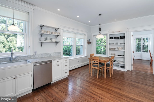 3 Evelyn Pl, Princeton, NJ 08540 - kitchen featuring stainless steel dishwasher, open shelves, a baseboard radiator, dark wood-style flooring, and plenty of natural light