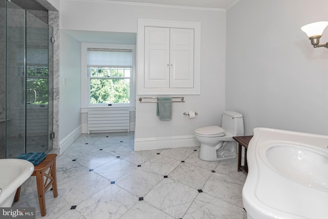 3 Evelyn Pl, Princeton, NJ 08540 - full bath featuring a stall shower, ornamental molding, and a freestanding bath