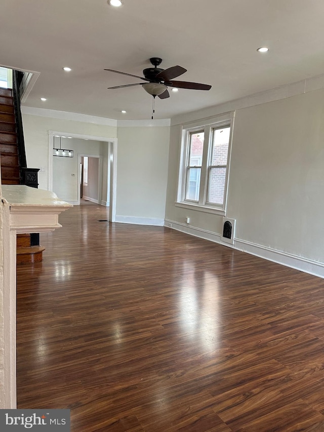 5235 Baltimore Ave, Philadelphia, PA 19143 - unfurnished living room with a ceiling fan, dark wood-type flooring, recessed lighting, baseboards, and ornamental molding