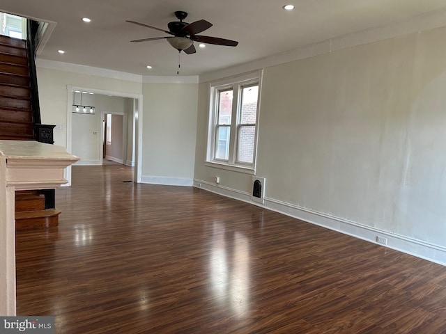 5235 Baltimore Ave, Philadelphia, PA 19143 - unfurnished living room with dark wood finished floors, a ceiling fan, baseboards, recessed lighting, and ornamental molding