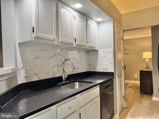 104 Gwen Dr Unit 104-3B, Forest Hill, MD 21050 - kitchen with dishwasher, white cabinetry, decorative backsplash, light wood finished floors, and dark stone counters