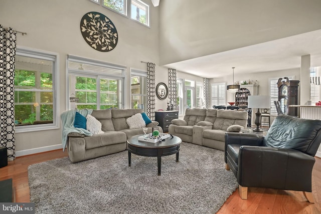 11742 Maid At Arms Ln, Berlin, MD 21811 - living room featuring wood finished floors, a high ceiling, and baseboards