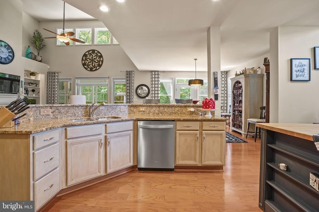 11742 Maid At Arms Ln, Berlin, MD 21811 - kitchen with dishwasher, a ceiling fan, a sink, light wood-style flooring, and plenty of natural light