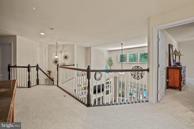 11742 Maid At Arms Ln, Berlin, MD 21811 - hall featuring carpet flooring, an upstairs landing, recessed lighting, and baseboards