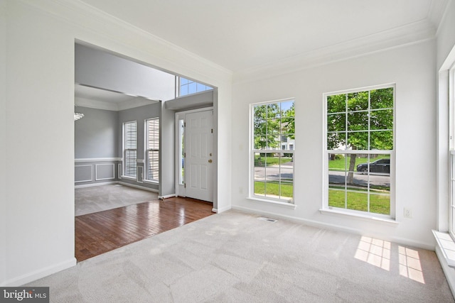 1624 Osprey Cir, Cambridge, MD 21613 - entryway featuring ornamental molding, carpet flooring, healthy amount of natural light, a wainscoted wall, and wood finished floors