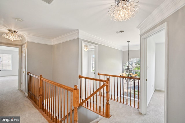 1624 Osprey Cir, Cambridge, MD 21613 - corridor featuring a chandelier, an upstairs landing, carpet flooring, and crown molding