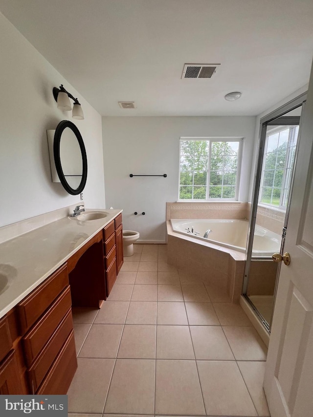 1624 Osprey Cir, Cambridge, MD 21613 - bathroom with double vanity, a bath, tile patterned flooring, and a shower with shower door