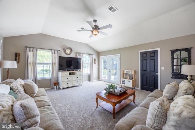 3 Linden Tree Ln, Mount Holly, NJ 08060 - living room with vaulted ceiling, ceiling fan, plenty of natural light, light colored carpet, and french doors