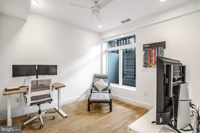 3514 13th St NW Unit 1, Washington, DC 20010 - home office with a ceiling fan, light wood-style flooring, baseboards, and recessed lighting