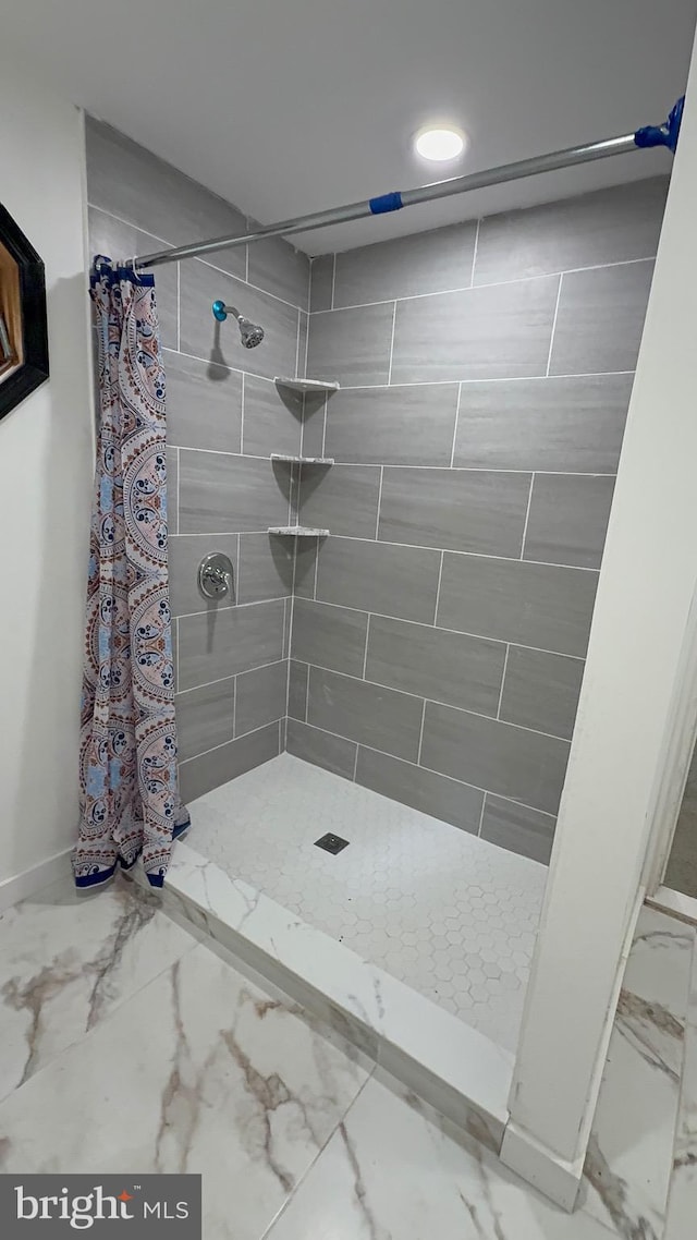 924-926 W Spruce St, Coal Township, PA 17866 - full bathroom with marble look tiles, a tile shower, recessed lighting, and baseboards
