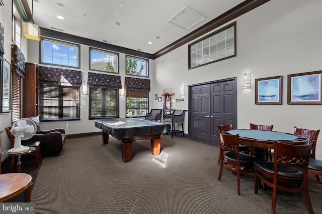 1509 Feral Dae Ln Unit 102, Annapolis, MD 21409 - recreation room featuring a high ceiling, crown molding, carpet, baseboards, and pool table