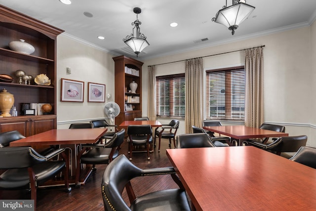 1509 Feral Dae Ln Unit 102, Annapolis, MD 21409 - home office with dark wood finished floors, crown molding, recessed lighting, and built in shelves