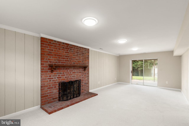 1003 Cedar Park Rd, Annapolis, MD 21401 - unfurnished living room with carpet floors, a fireplace, and ornamental molding