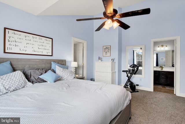 305 Old Stone Way, York, PA 17406 - carpeted bedroom featuring high vaulted ceiling, a ceiling fan, and ensuite bath