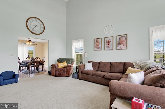 305 Old Stone Way, York, PA 17406 - carpeted living room with a towering ceiling, plenty of natural light, and a ceiling fan