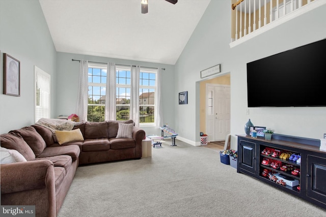 305 Old Stone Way, York, PA 17406 - living room with high vaulted ceiling, carpet floors, and ceiling fan