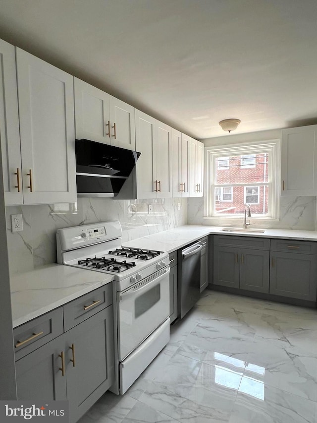 7233 Lynford St, Philadelphia, PA 19149 - kitchen featuring white gas range, stainless steel dishwasher, a sink, and gray cabinetry