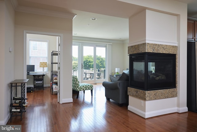 400 Blue Flax Pl, Gaithersburg, MD 20878 - living room with dark wood-type flooring, ornamental molding, a multi sided fireplace, and recessed lighting